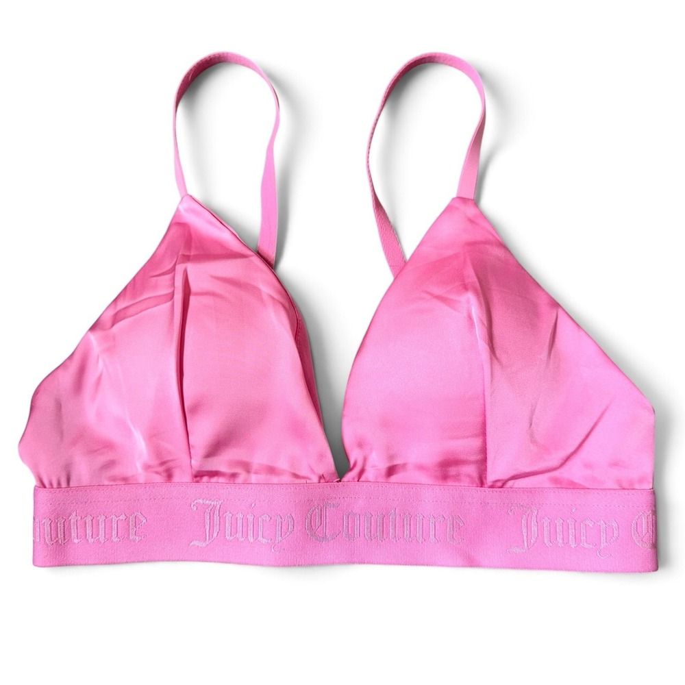 Juicy Couture Pink Silky Satin Logo Triangle Bralette Size S Bra Y2K Rave NEW
